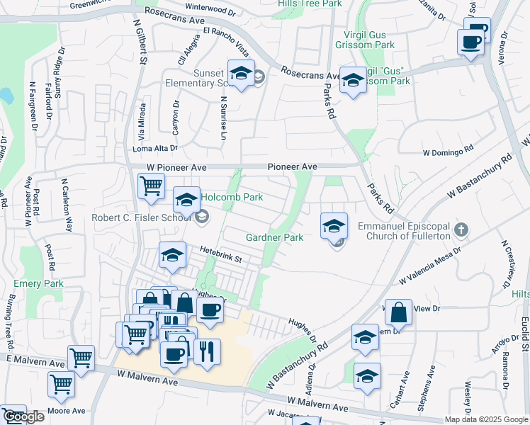 map of restaurants, bars, coffee shops, grocery stores, and more near 2063 Perkins Street in Fullerton