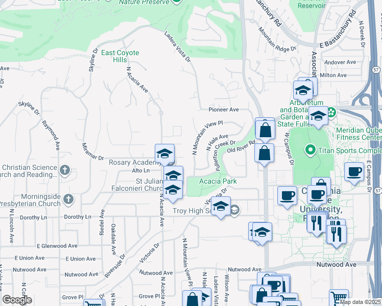 map of restaurants, bars, coffee shops, grocery stores, and more near 1647 North Mountain View Place in Fullerton