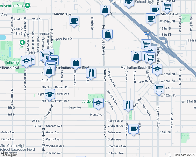 map of restaurants, bars, coffee shops, grocery stores, and more near 2221a Warfield Avenue in Redondo Beach