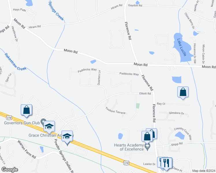 map of restaurants, bars, coffee shops, grocery stores, and more near 5267 Springtide Lane in Powder Springs