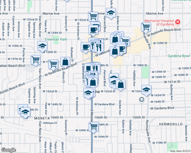 map of restaurants, bars, coffee shops, grocery stores, and more near 15930 South Western Avenue in Gardena
