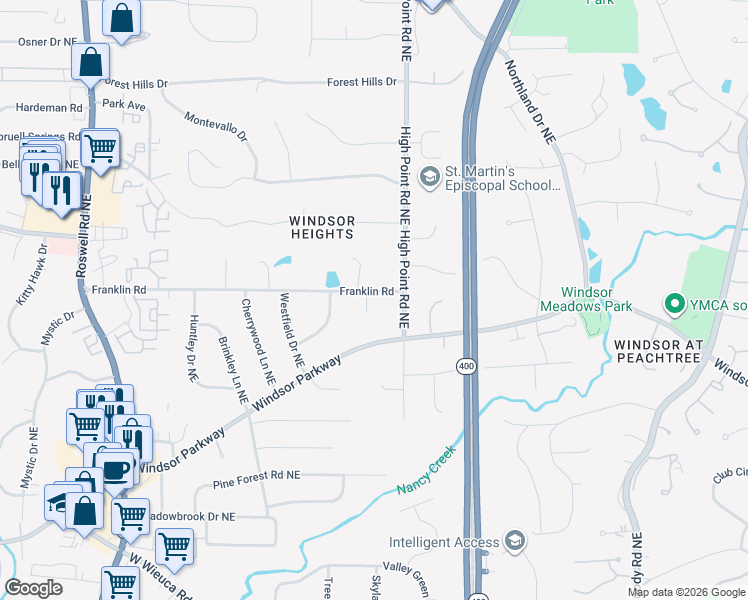map of restaurants, bars, coffee shops, grocery stores, and more near 565 Franklin Road in Atlanta