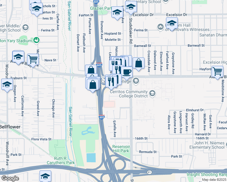 map of restaurants, bars, coffee shops, grocery stores, and more near 10820 Alondra Boulevard in Cerritos