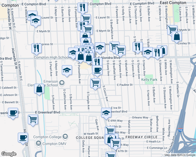 map of restaurants, bars, coffee shops, grocery stores, and more near 1032 South Long Beach Boulevard in Compton