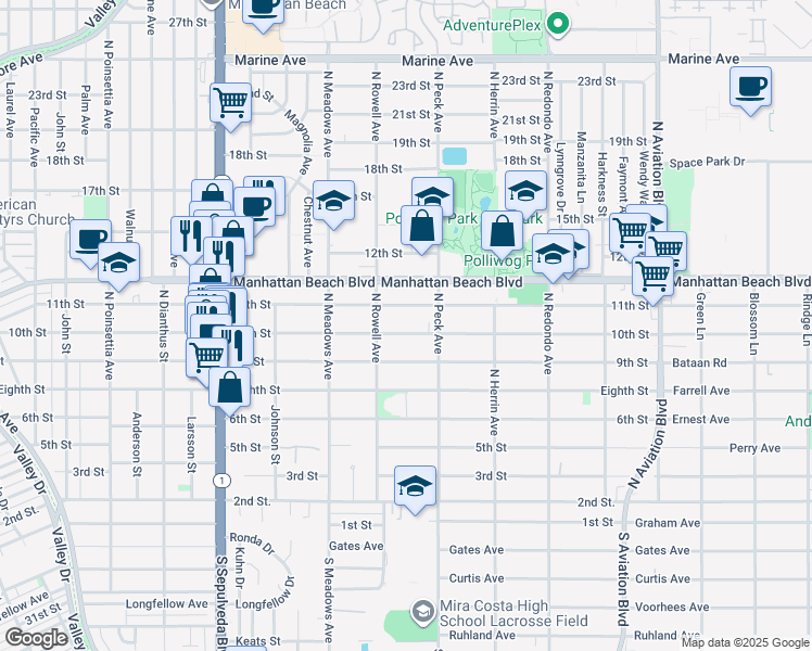 map of restaurants, bars, coffee shops, grocery stores, and more near 1431 10th Street in Manhattan Beach