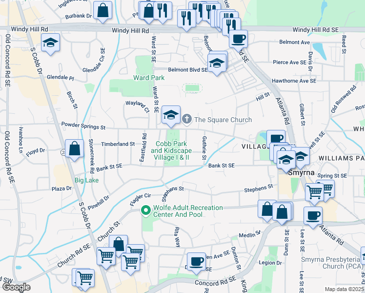map of restaurants, bars, coffee shops, grocery stores, and more near 2730 Fraser Street in Smyrna