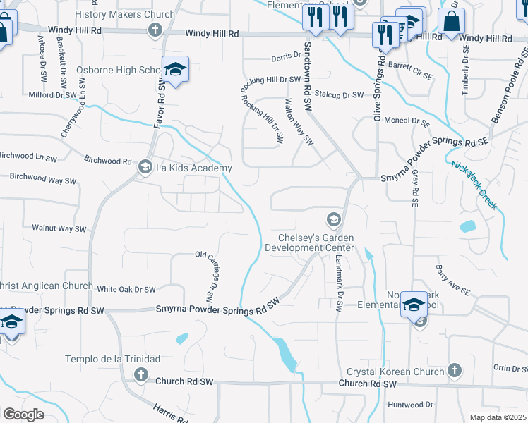 map of restaurants, bars, coffee shops, grocery stores, and more near 193 Timber Creek Lane Southwest in Marietta