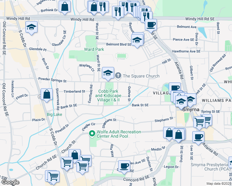 map of restaurants, bars, coffee shops, grocery stores, and more near 2760 Fraser Street in Smyrna