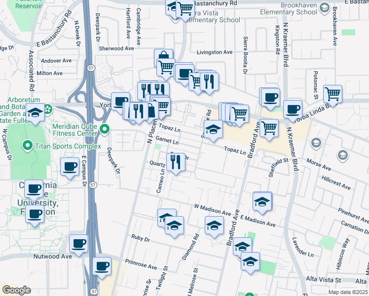 map of restaurants, bars, coffee shops, grocery stores, and more near 3136 Garnet Lane in Fullerton