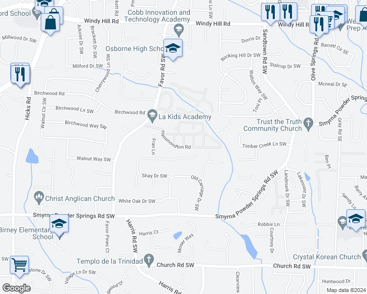 map of restaurants, bars, coffee shops, grocery stores, and more near Hammondton Road in Marietta