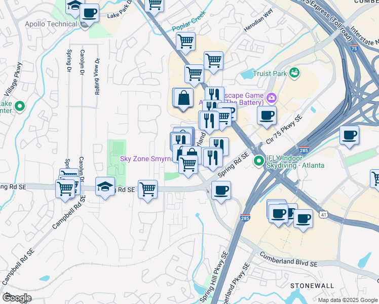 map of restaurants, bars, coffee shops, grocery stores, and more near 2730 Cumberland Boulevard Southeast in Smyrna