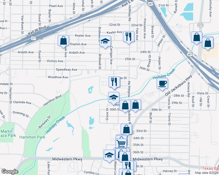 map of restaurants, bars, coffee shops, grocery stores, and more near 1608 Dodge Street in Wichita Falls