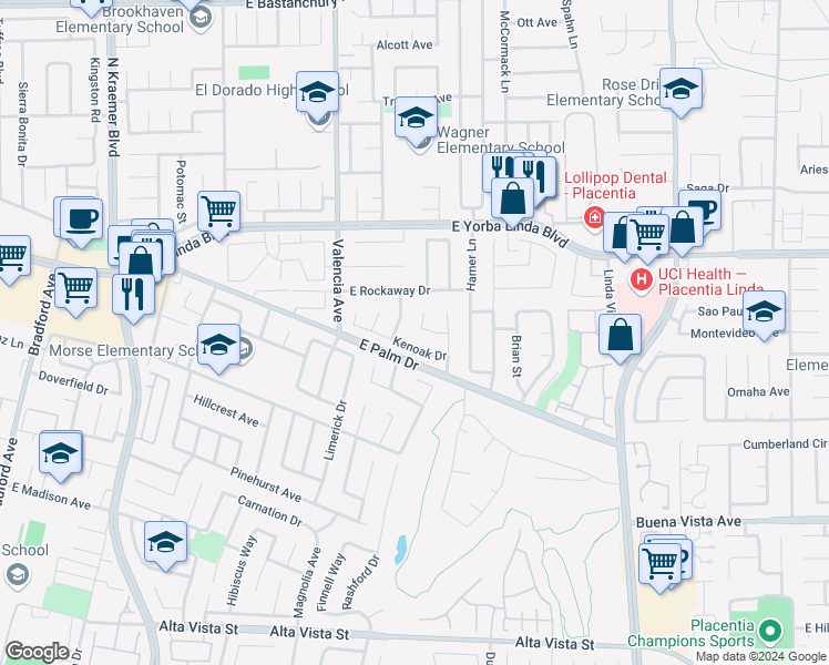 map of restaurants, bars, coffee shops, grocery stores, and more near 718 Lute Avenue in Placentia