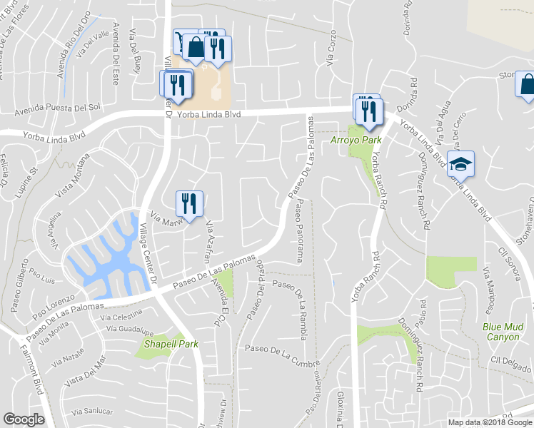 map of restaurants, bars, coffee shops, grocery stores, and more near 5190 Avenue De Amor in Yorba Linda
