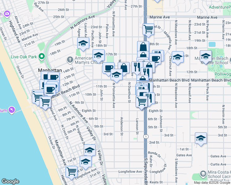 map of restaurants, bars, coffee shops, grocery stores, and more near 903 10th Street in Manhattan Beach