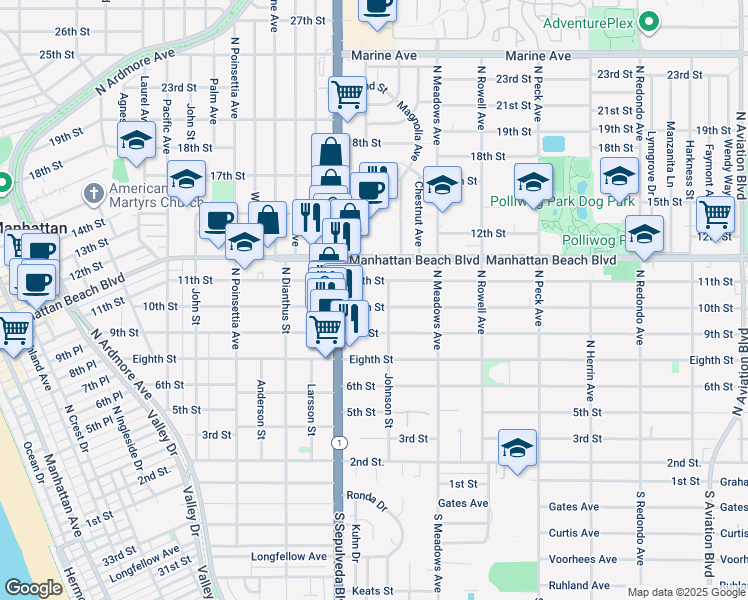 map of restaurants, bars, coffee shops, grocery stores, and more near 1149 10th Street in Manhattan Beach