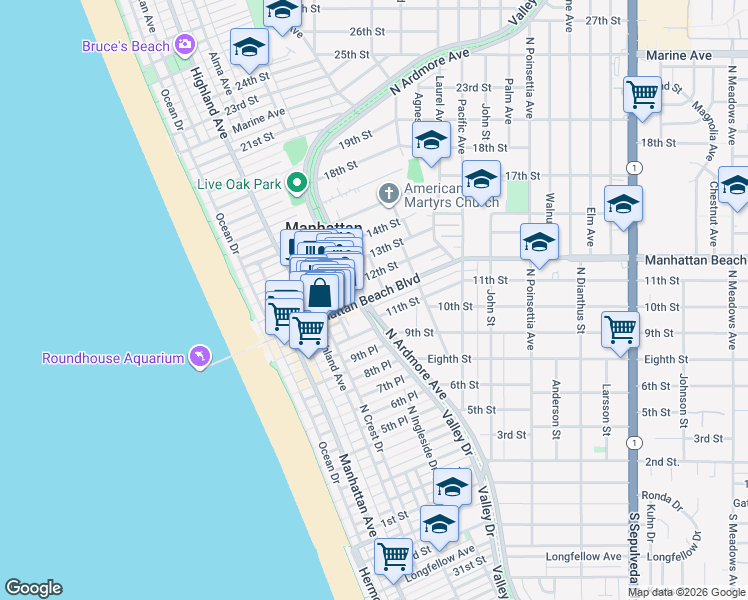 map of restaurants, bars, coffee shops, grocery stores, and more near 1145 Fisher Avenue in Manhattan Beach