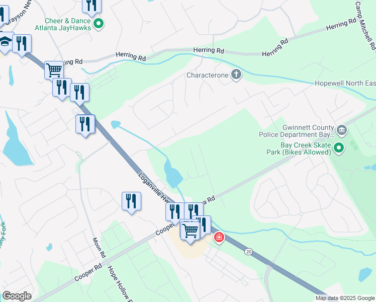 map of restaurants, bars, coffee shops, grocery stores, and more near 2521 Livingston Court in Loganville
