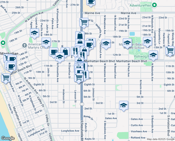 map of restaurants, bars, coffee shops, grocery stores, and more near 1160 11th Street in Manhattan Beach