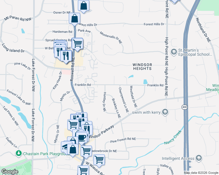 map of restaurants, bars, coffee shops, grocery stores, and more near 330 Franklin Road in Sandy Springs