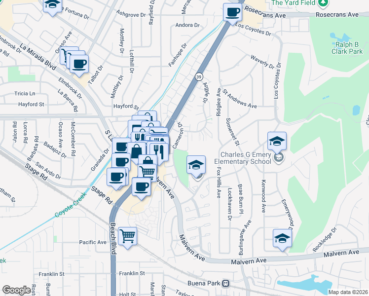 map of restaurants, bars, coffee shops, grocery stores, and more near 8246 Inverness Green in Buena Park