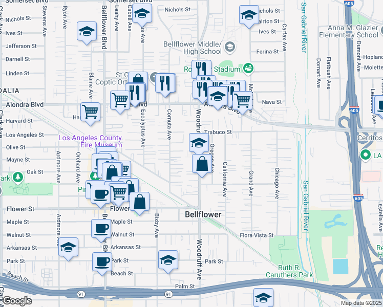 map of restaurants, bars, coffee shops, grocery stores, and more near 16224 Woodruff Avenue in Bellflower