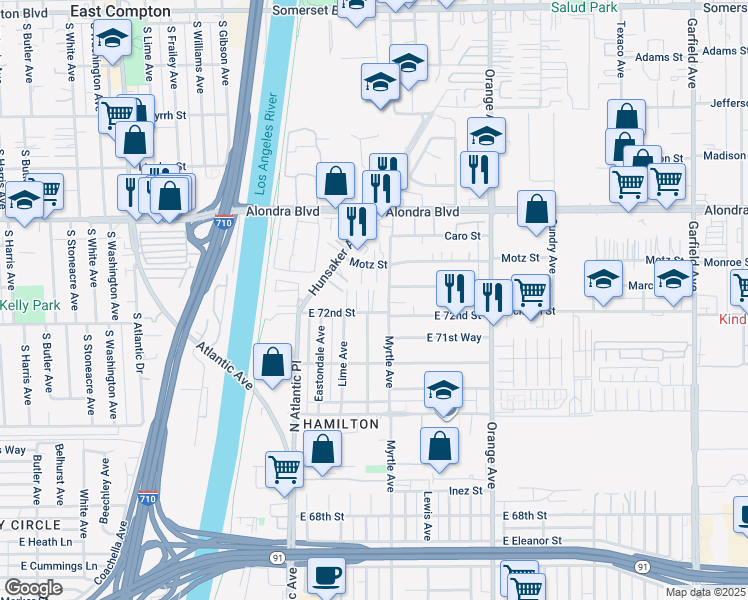 map of restaurants, bars, coffee shops, grocery stores, and more near 16225 Ansmith Avenue in Paramount