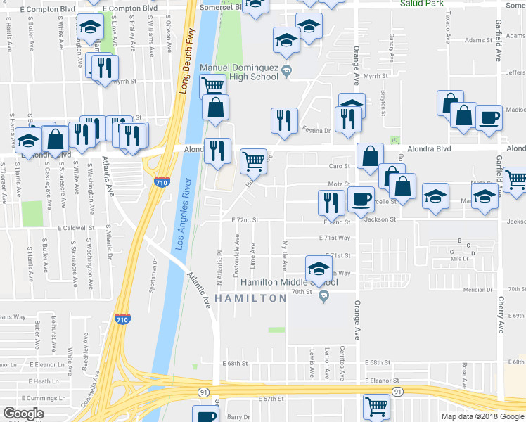 map of restaurants, bars, coffee shops, grocery stores, and more near 6518 Motz Street in Paramount