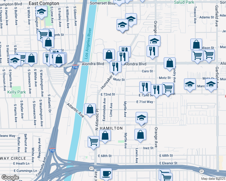 map of restaurants, bars, coffee shops, grocery stores, and more near 6518 Motz Street in Paramount