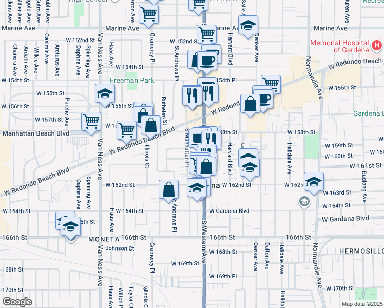 map of restaurants, bars, coffee shops, grocery stores, and more near 15837 South Western Avenue in Gardena