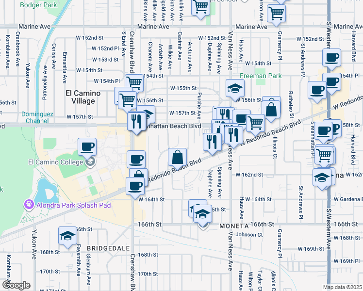 map of restaurants, bars, coffee shops, grocery stores, and more near 15825 Arcturus Avenue in Gardena
