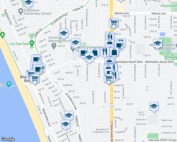 map of restaurants, bars, coffee shops, grocery stores, and more near 903 10th Street in Manhattan Beach