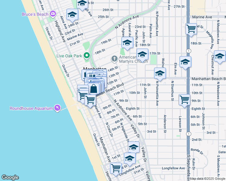 map of restaurants, bars, coffee shops, grocery stores, and more near in Manhattan Beach