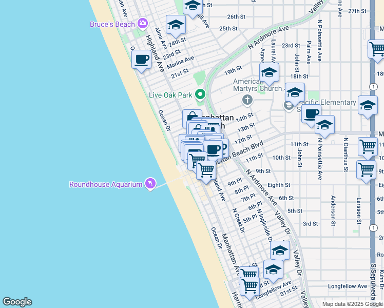 map of restaurants, bars, coffee shops, grocery stores, and more near 1409 Highland Avenue in Manhattan Beach