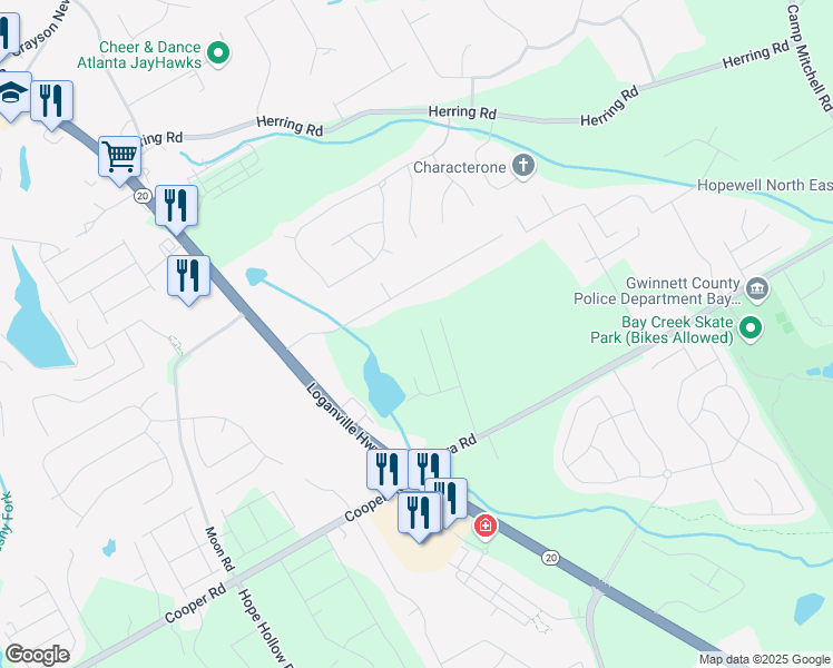 map of restaurants, bars, coffee shops, grocery stores, and more near 2521 Livingston Court in Loganville