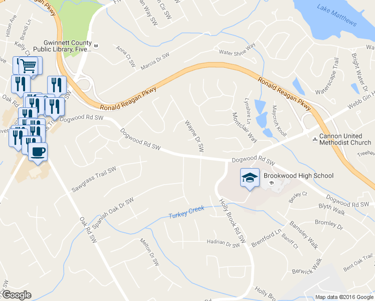map of restaurants, bars, coffee shops, grocery stores, and more near 1090 Dogwood Road Southwest in Snellville