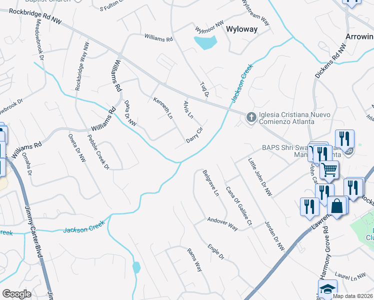 map of restaurants, bars, coffee shops, grocery stores, and more near 5808 Darry Circle in Norcross
