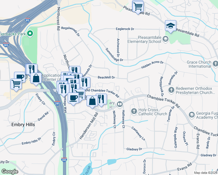 map of restaurants, bars, coffee shops, grocery stores, and more near 3543 Beachhill Drive in Doraville