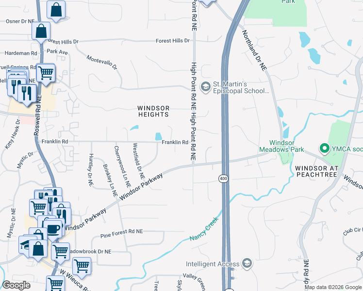 map of restaurants, bars, coffee shops, grocery stores, and more near 570 Franklin Road in Atlanta