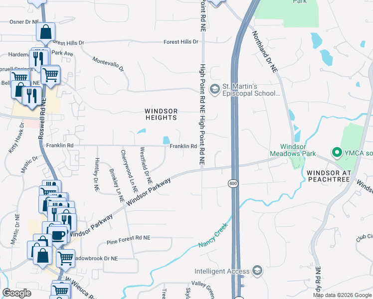 map of restaurants, bars, coffee shops, grocery stores, and more near 565 Franklin Road in Atlanta