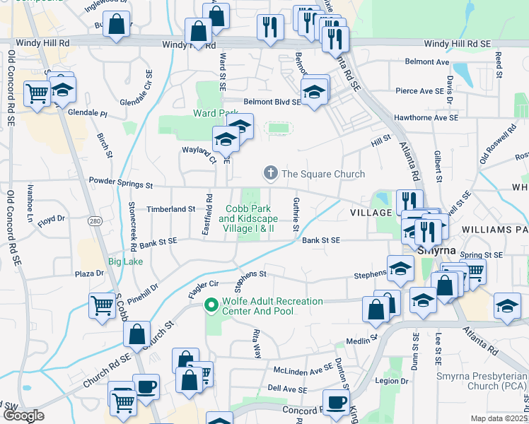 map of restaurants, bars, coffee shops, grocery stores, and more near 2760 Fraser Street in Smyrna