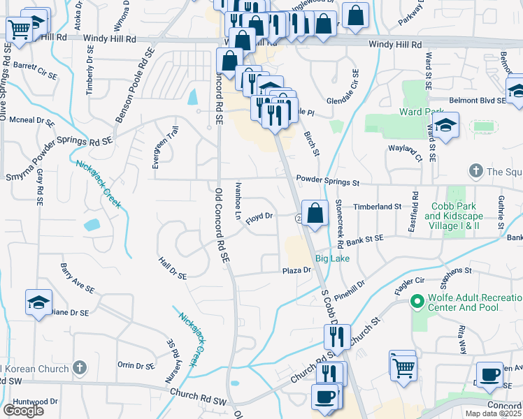 map of restaurants, bars, coffee shops, grocery stores, and more near 551 Floyd Drive in Smyrna