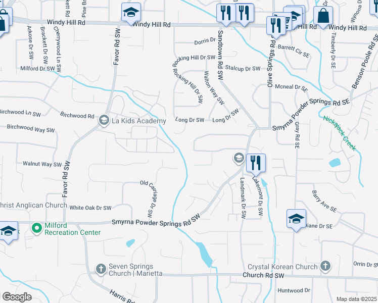 map of restaurants, bars, coffee shops, grocery stores, and more near 166 Smyrna Powder Springs Road Southwest in Marietta