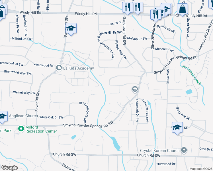 map of restaurants, bars, coffee shops, grocery stores, and more near 166 Smyrna Powder Springs Road Southwest in Marietta