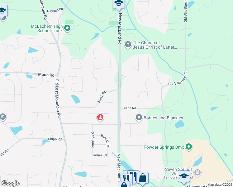 map of restaurants, bars, coffee shops, grocery stores, and more near 4205 Meek Road in Powder Springs