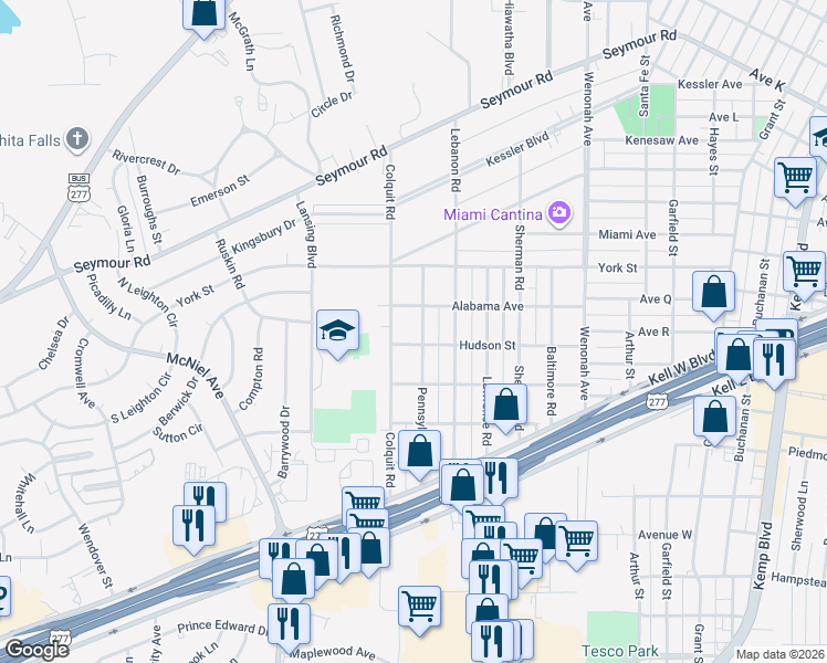 map of restaurants, bars, coffee shops, grocery stores, and more near 2702 Pennsylvania Road in Wichita Falls