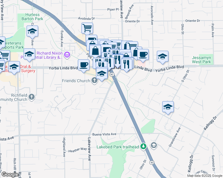 map of restaurants, bars, coffee shops, grocery stores, and more near 5152 Lakeview Avenue in Yorba Linda