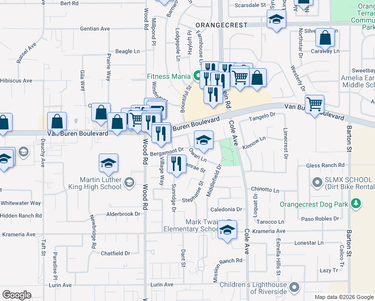 map of restaurants, bars, coffee shops, grocery stores, and more near 9105 Owari Lane in Riverside