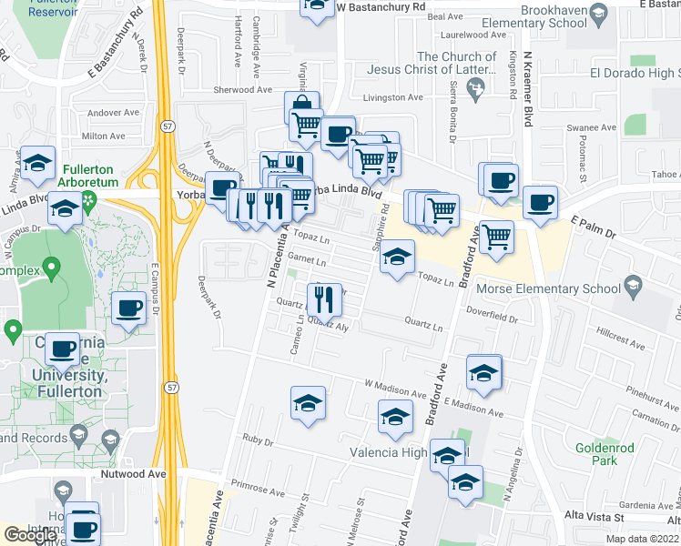 map of restaurants, bars, coffee shops, grocery stores, and more near 3136 Garnet Lane in Fullerton