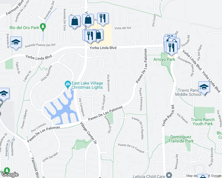 map of restaurants, bars, coffee shops, grocery stores, and more near 5250 Vía Brumosa in Yorba Linda